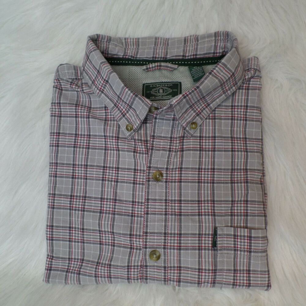 GH Bass Gray Red Plaid Short Sleeve Button Down Shirt Size XL